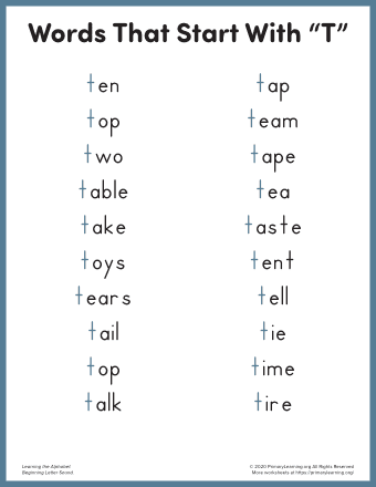 words that start with t for kindergarten