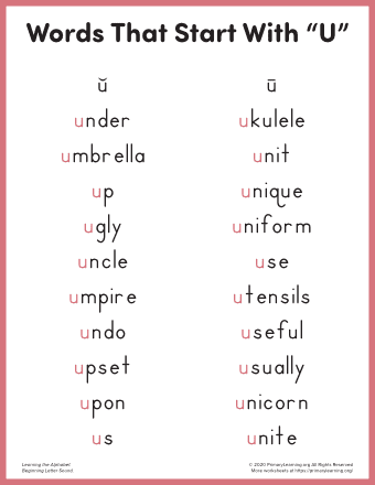 Start Words Kindergarten That With U For