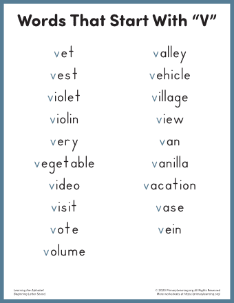 words that start with v for kindergarten