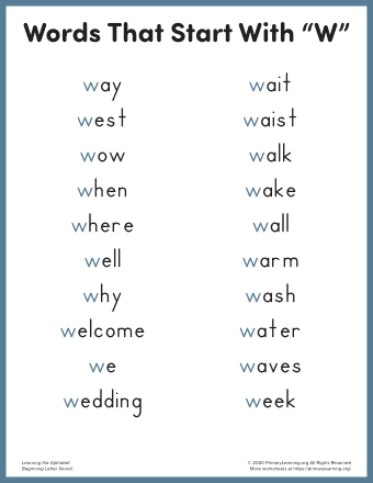 words that start with w for kindergarten