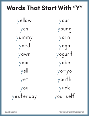 words that start with y for kindergarten